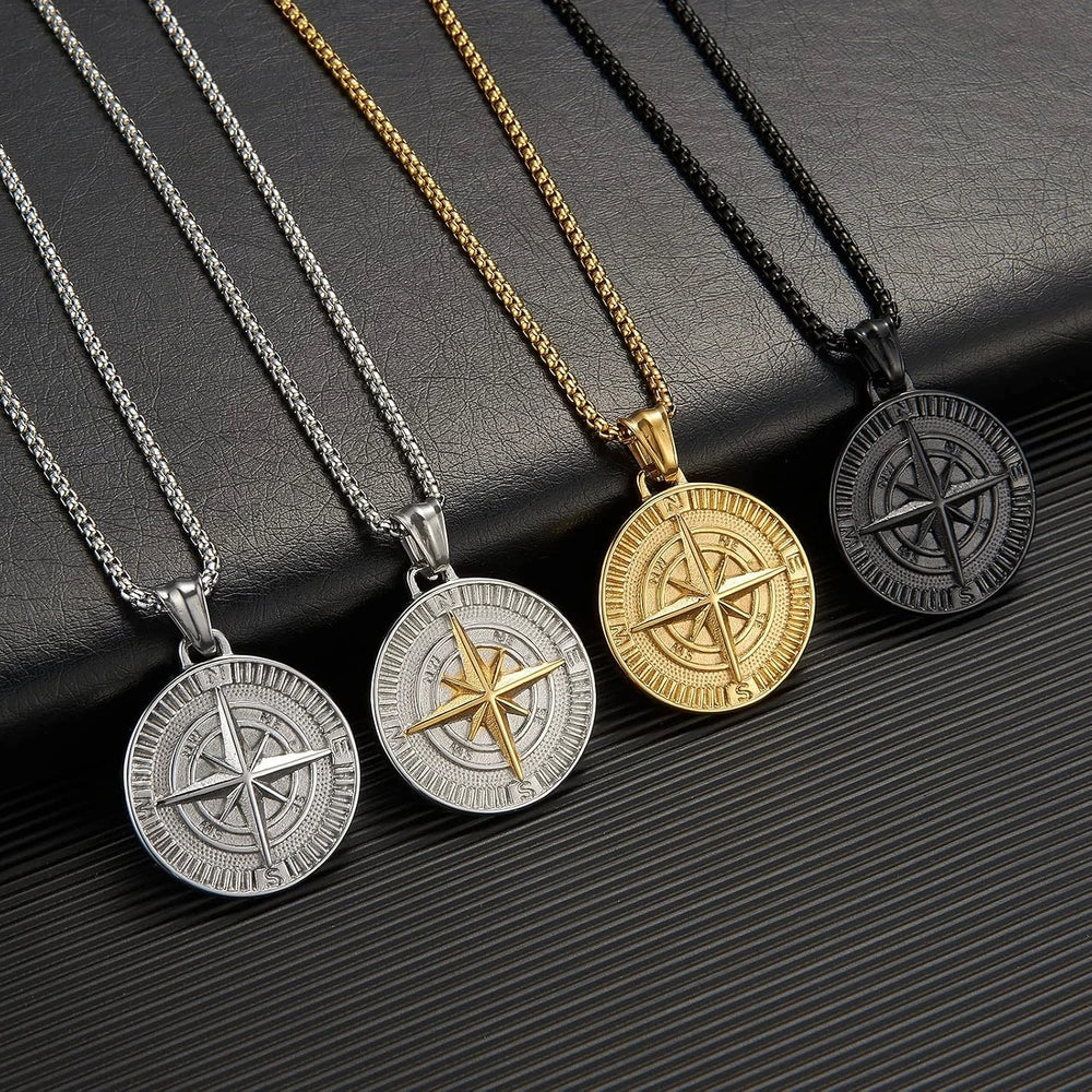 Stainless Steel Compass Pendant Necklace