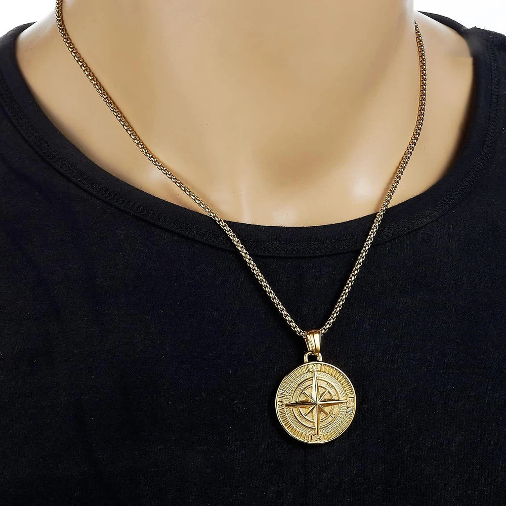 Stainless Steel Compass Pendant Necklace