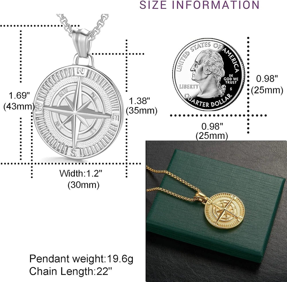 Stainless Steel Compass Pendant Necklace